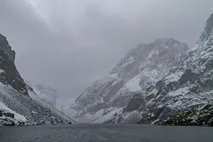 Fjord Prints: Views of snowstorm at Larsen Harbour in Drygalski Fjord south of Atlantic Ocean near South Georgia Island