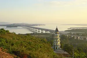 Typically Myanmar Prints: Views over the Thanlwin (Salween) river and Mawlamyine bridge and town, Mawlamyine