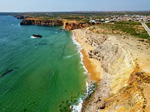 Activities Prints: Views of Tonel beach in Sagres with cliffs and water clear under bright sun in Algarve