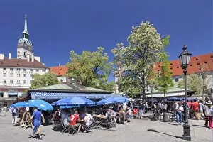 Typically German Gallery: Viktualienmarkt Market with St. Peters Church (Alter Peter), Munich, Bavaria, Germany