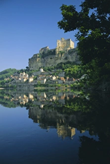 Beynac Prints: Village and castle reflected in the River Dordogne at Beynac, Dordogne
