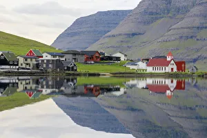 Vidoy Island Prints: Village and church, Hvannasund, Vidoy Island, Faroe Islands, Denmark, Europe