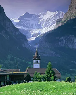 Images Dated 5th September 2008: Village church and Oberer Grindelwald Glacier