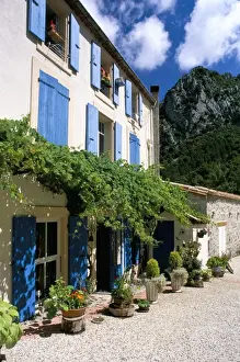 Three Storey Prints: Village house with blue shutters, Lapradelle-Puilaurens, Aude, Languedoc-Roussillon