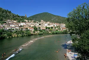 Villages Prints: Village on the Orb River, Roquebrun, Herault department, Languedoc-Roussillon, France