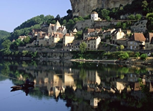Beynac Prints: Village reflected in the water of the Dordogne River, Beynac, Dordogne