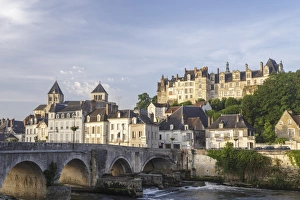 The village of Saint Aignan reflecting in the River Cher, Loir et Cher, Centre, France