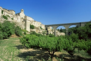 Herault Prints: Village seen from floor of the Cesse River canyon, Minerve, Herault, Languedoc-Roussillon