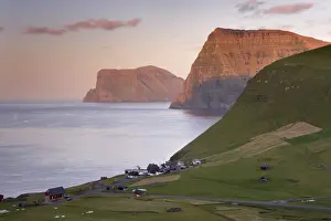 Nordoyar Prints: Village of Trollanes on Kalsoy, with view of Kunoy and Vidoy high cliffs of Kunoyarnakkur