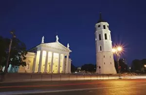 Vilnius Cathedral and Bell Tower at dusk, Vilnius, Lithuania, Baltic States, Europe