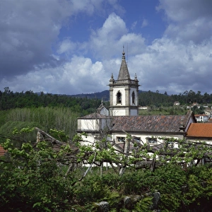 Minho Prints: Vinho Verde vineyards and village church, Ponte da Barca, Minho, Portugal, Europe