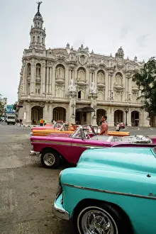 Turquoise Prints: Vintage American cars parked outside the Gran Teatro (Grand Theater), Havana, Cuba