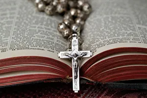 Rosary Prints: Vintage rosary with crucifix on an open Bible, Christian religious symbol, France, Europe