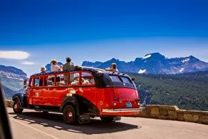 Glacier National Park Gallery: Vintage tour bus on the Sun Road, Glacier National Park, Montana, United States of America