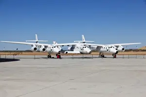 Virgin Galactics White Knight 2 with Spaceship 2 on the runway at the Virgin Galactic Gateway, Upham, New Mexico, United States of America, North America