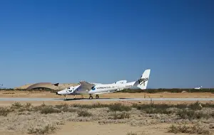 Virgin Galactics White Knight 2 with Spaceship 2 on the runway at the Virgin Galactic Gateway spaceport, Upham, New Mexico, United States of America, North America