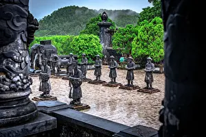 Sculptures Prints: Visit to ancient statues at Khai Dinh Tomb in Hue Vietnam on a rainy day
