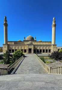 Worship Prints: Visit to Jummah Mosque with clear blue sky and tall minarets in Shamakhi, Azerbaijan