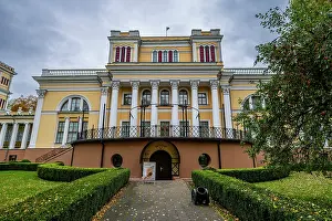 Gardens Prints: Visit the Rumyantsev-Paskevich Residence in Gomel Belarus during autumn with cloudy skies and lush green gardens