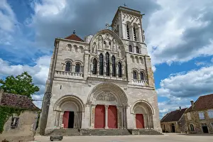 Doors Prints: Visit to Vezelay Abbey with its large stone facade and detailed architecture in Vezelay France