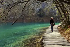 Boardwalks Prints: Visitor on wooden walkway path over Crystal Clear Waters of Plitvice Lakes National Park