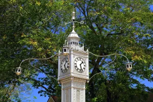 Pedestrian Prints: Visitors admire Victoria Clock Tower in a sunny setting surrounded by green trees