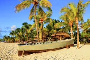 Enjoyment Prints: Visitors enjoy the beach at Pointe aux Piments in Mauritius with palm trees and a boat on the shore during sunset