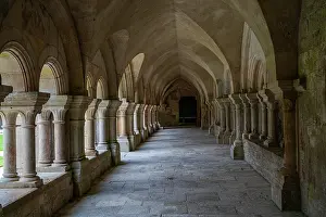 Columns Prints: Visitors explore the cloisters of Fontenay Abbey with arches and columns in France