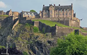 Edinburgh Prints: Visitors explore the historic Edinburgh Castle on a sunny day in Scotland while enjoying views of the surrounding