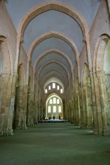 Columns Prints: Visitors explore the interior of the Abbey of Fontenay in France during a sunny day