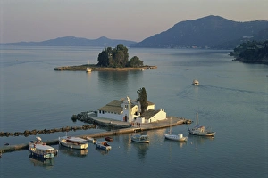 Aerials Prints: Vlachema Monastery and Pontikonissi, Corfu, Ionian Islands, Greek Islands, Greece, Europe