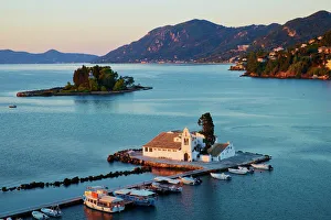 Jetty Gallery: Vlacherna Monastery, Kanoni, Corfu, Ionian Islands, Greek Islands, Greece, Europe