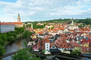 Spires Prints: Vltava River by State Castle and Chateau Cesky Krumlov in town