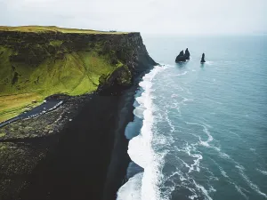 Sand Beach Prints: Volcanic Black Sand Beach with a view of Reynisdrangar
