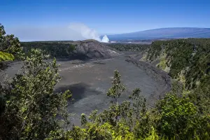 Big Island Prints: Volcanic crater before the smoking Kilauea Summit Lava Lake in the Hawaii Volcanoes National Park