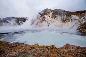 Hokkaido Prints: Volcanic field and steaming pond in Noboribetsu, Hell Valley, Hokkaido, Japan, Asia