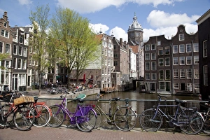 Bicycles Prints: Voorburgwal Canal and Nicolskirk, Amsterdam, Holland, Europe