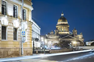 Light Beam Prints: Voznesensky Avenue and exterior of St. Isaacs Cathedral at night, UNESCO World