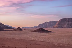Wadi Rum Prints: Wadi Rum plain before sunrise with soft pastel colors