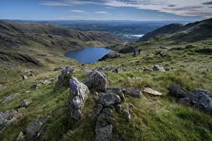 Adults Prints: Walkers on Little How Crags above Levers Water on The Old Man of Coniston