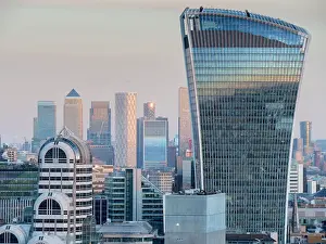 High Rises Prints: Walkie Talkie Building in the City of London with Canary Wharf beyond