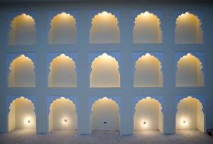 Light Bulb Prints: Wall with arches lit, one light bulb missing, Jaipur, Rajasthan, India, Asia