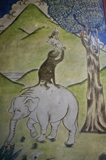 Elephant Prints: Wall painting showing animal interdependence, Hemis Monastery, Ladakh, India, Asia