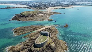 Fortifications Prints: Walled city of Saint-Malo viewed from above with coastal features and historical structures visible in Brittany
