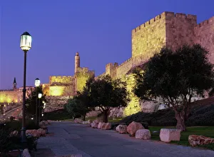 Walls promenade and Tower of David at dusk, Jerusalem, Israel, Middle East