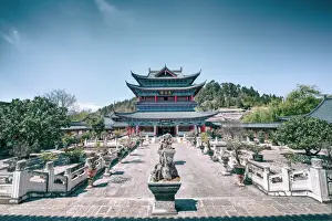 Lijiang Prints: Wanjuan Pavilion, one of the main buildings at Mufu Wood Mansion with potted bonsai and rocks