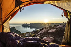 Shelter Prints: Warm lights of sunrise view from the inside of hikers tent, Senja island
