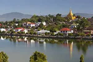 Shan State Prints: Wat Jong Kham and colonial era buildings on Naung Tung Lake