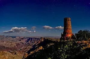 Grand Canyon Prints: Watch Tower on South Rim of Grand Canyon illuminated by moonlight, Grand Canyon National