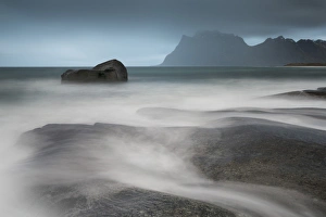 Isolated Prints: Water breaks over rocks at Uttakleiv, Lofoten Islands, Arctic, Norway, Scandinavia, Europe